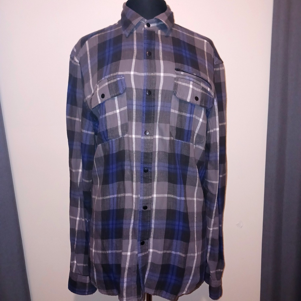 Dime Lumberjack Grunge Gorpcore Plaid Snap Button Long Sleeve Shirt Blue Grey L